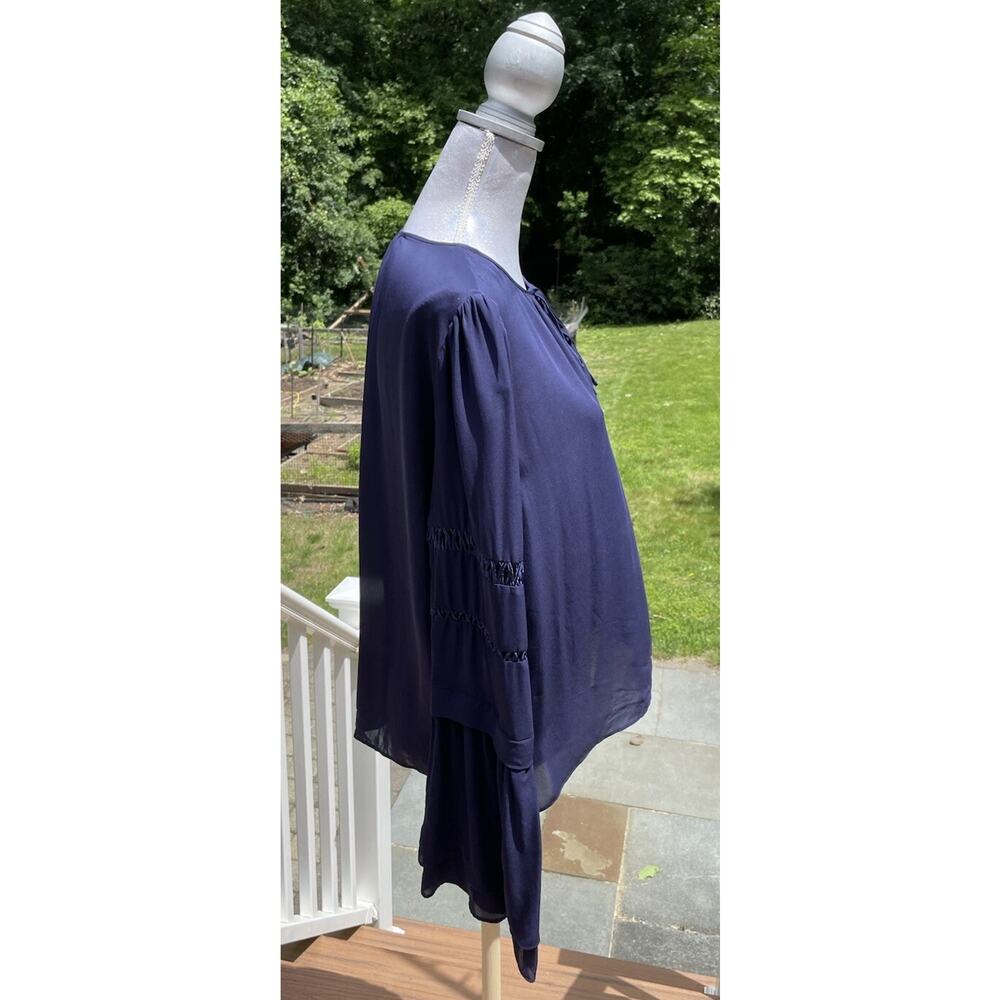 Parker Women 100% Silk Blouse Round Neck Tiered Sleeves Career Wear Navy Blue S - Picture 7 of 11